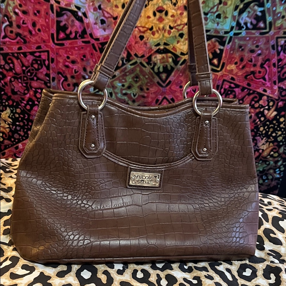 Nicole Miller Brown Crocodile-Embossed Shoulder Bag